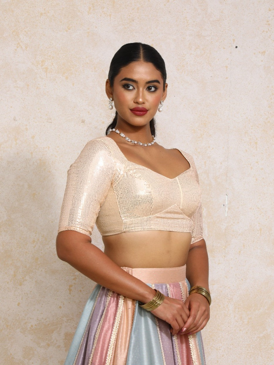 Sitara x Tyohaar Saree Blouse, in Peach Sequin Fabric, featuring elbow sleeves and sweetheart neckline (view 6).