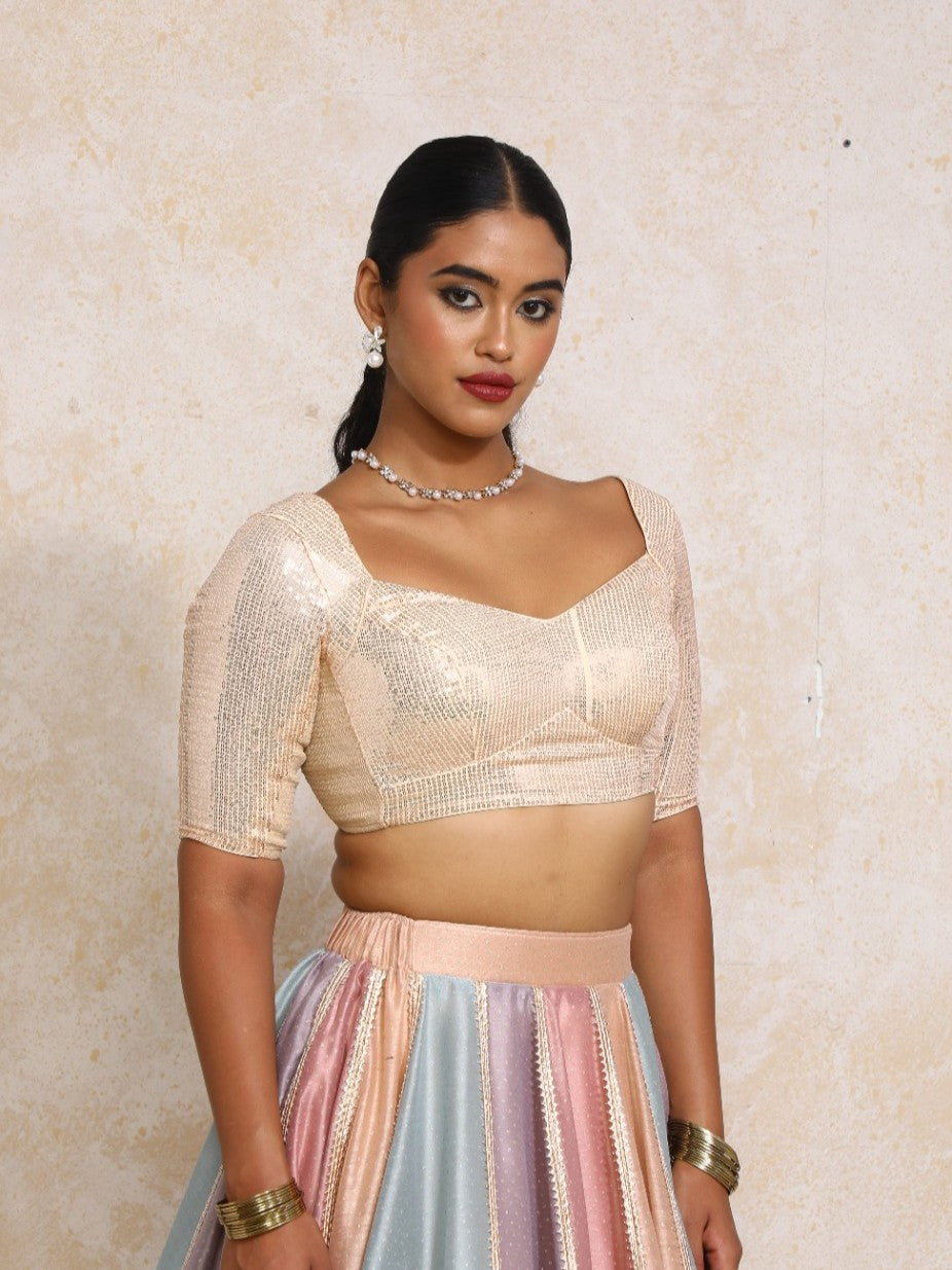 Sitara x Tyohaar Saree Blouse, in Peach Sequin Fabric, featuring elbow sleeves and sweetheart neckline (view 7).