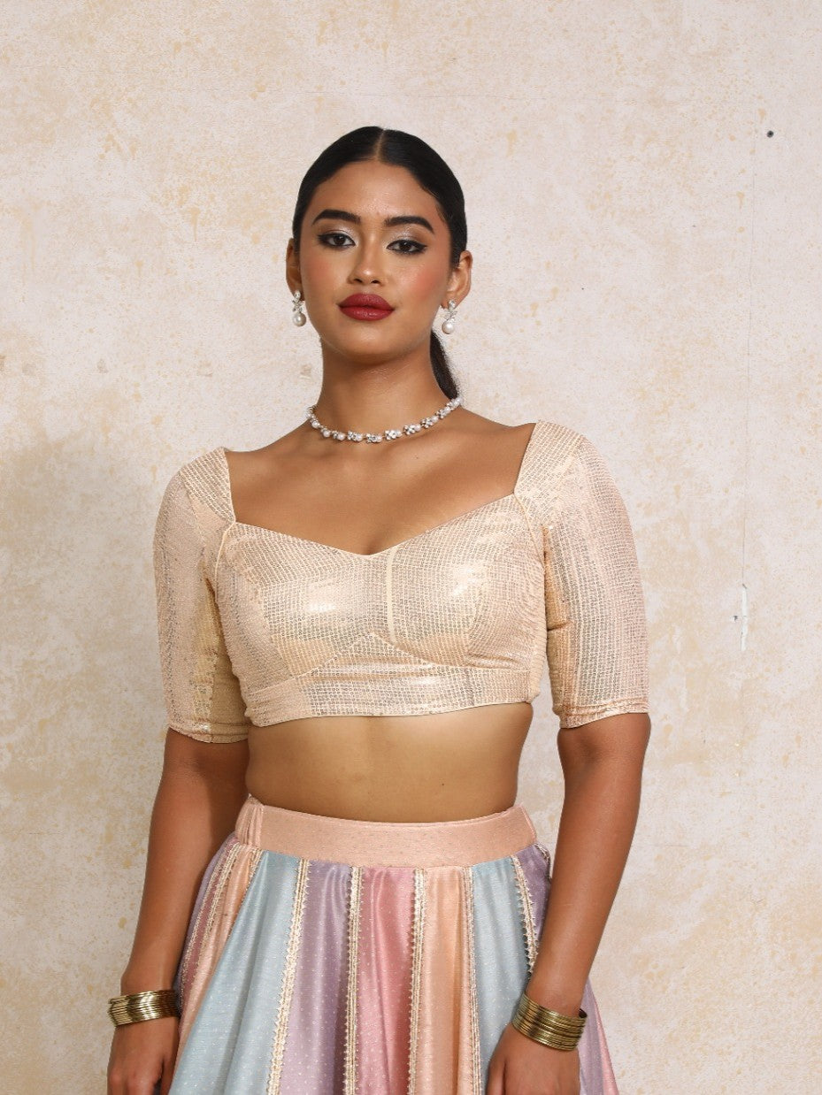 Sitara x Tyohaar Saree Blouse, in Peach Sequin Fabric, featuring elbow sleeves and sweetheart neckline (view 8).
