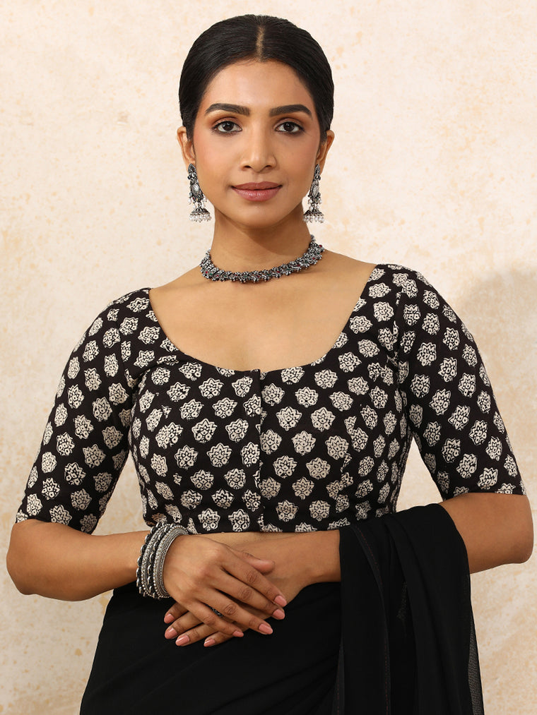 Smriti x Rozaana Saree Blouse, in Black 100% Cotton - Block Printed, featuring elbow sleeves and round neckline.