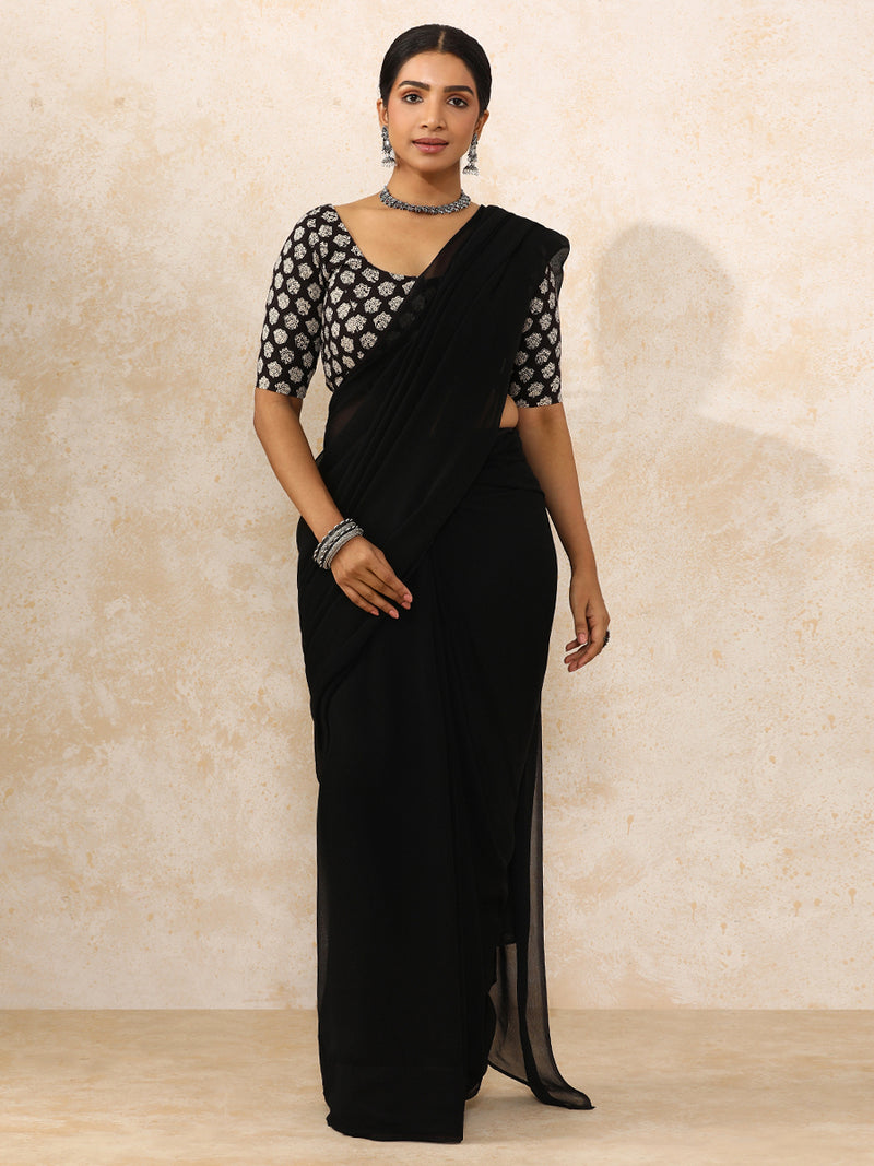 Smriti x Rozaana | Elbow Sleeves Saree Blouse in Black Floral Block Print Cotton-Binks