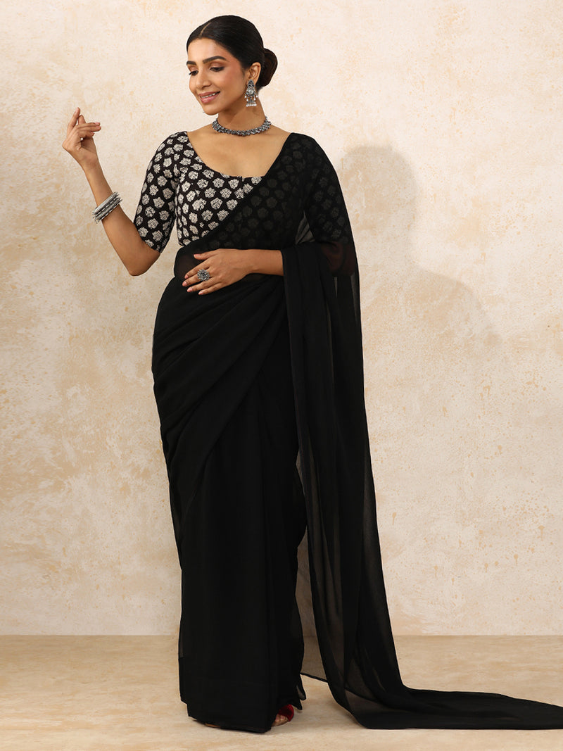 Smriti x Rozaana | Elbow Sleeves Saree Blouse in Black Floral Block Print Cotton-Binks