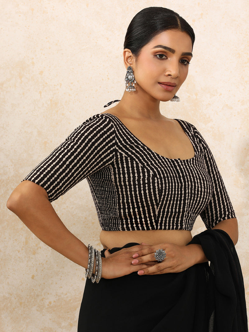 Sneha x Rozaana | Elbow Sleeves Saree Blouse in Earthy Black Stripes Block Print Cotton-Binks