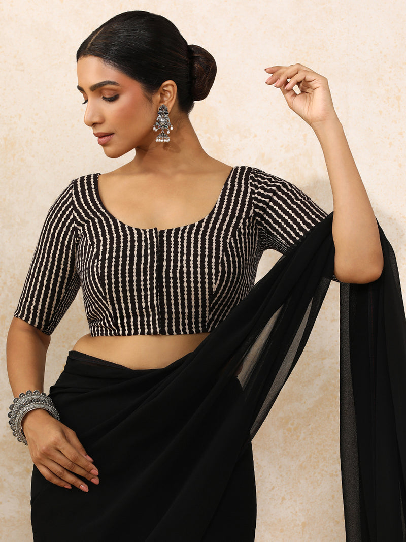 Sneha x Rozaana | Elbow Sleeves Saree Blouse in Earthy Black Stripes Block Print Cotton-Binks