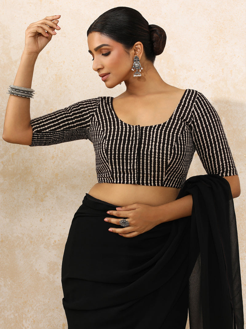 Sneha x Rozaana | Elbow Sleeves Saree Blouse in Earthy Black Stripes Block Print Cotton-Binks