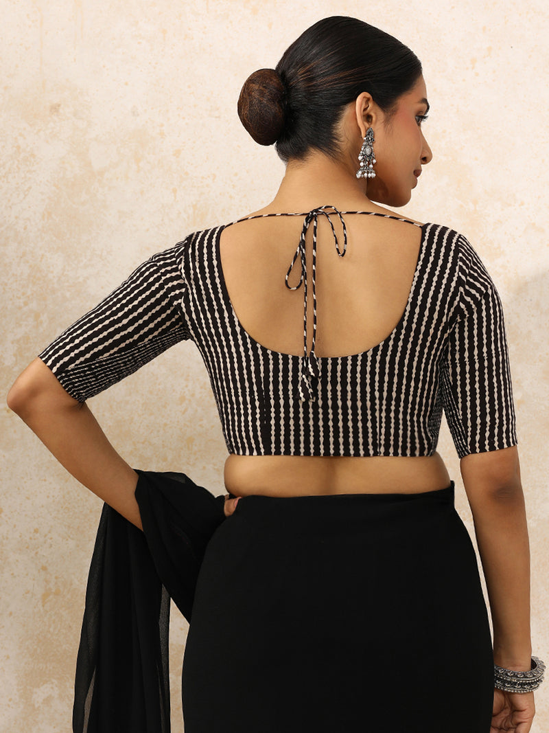 Sneha x Rozaana | Elbow Sleeves Saree Blouse in Earthy Black Stripes Block Print Cotton-Binks