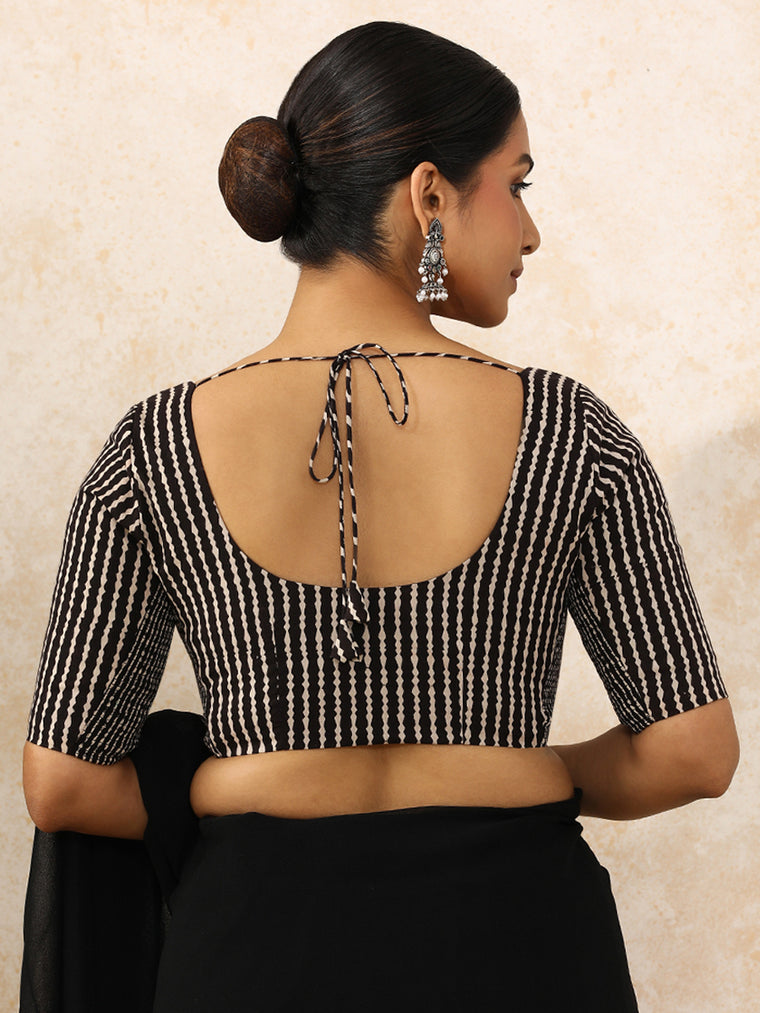 Sneha x Rozaana Saree Blouse, in Black 100% Cotton - Block Printed, featuring elbow sleeves and round neckline (view 2).