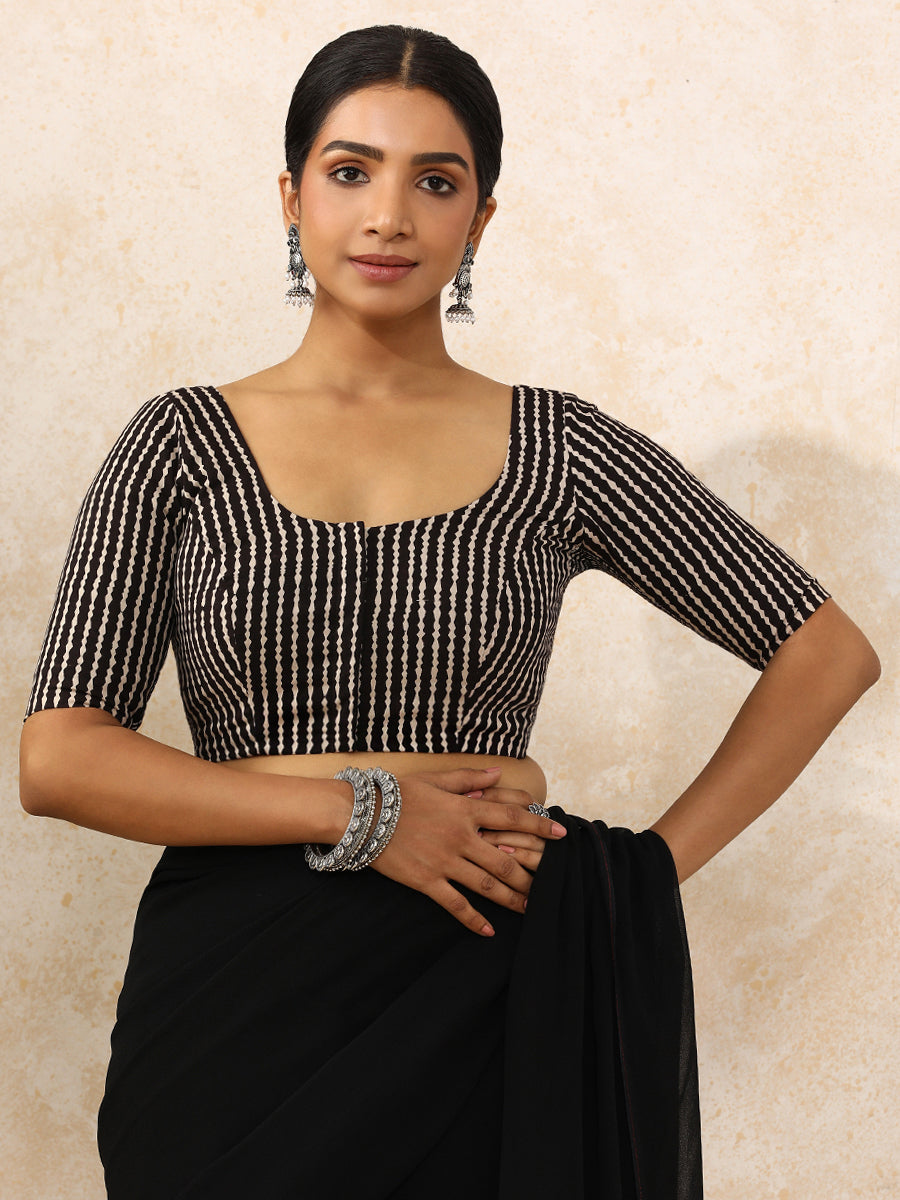 Sneha x Rozaana Saree Blouse, in Black 100% Cotton - Block Printed, featuring elbow sleeves and round neckline (view 5).