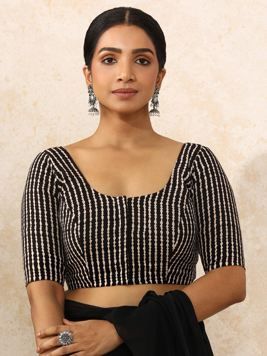 Sneha x Rozaana Saree Blouse, in Black 100% Cotton - Block Printed, featuring elbow sleeves and round neckline (view 6).