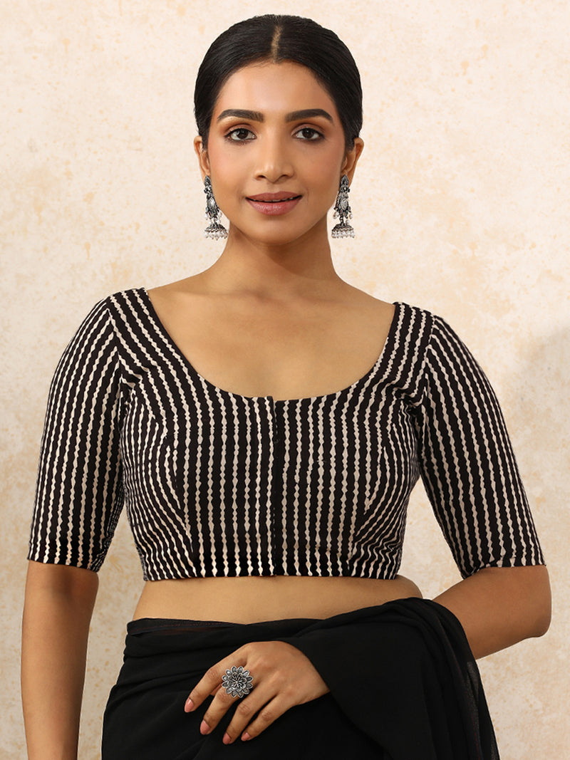 Sneha x Rozaana | Elbow Sleeves Saree Blouse in Earthy Black Stripes Block Print Cotton-Binks