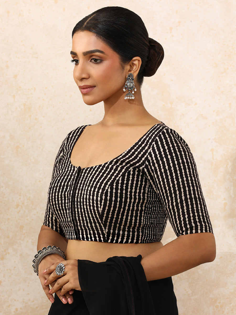 Sneha x Rozaana Saree Blouse, in Black 100% Cotton - Block Printed, featuring elbow sleeves and round neckline (view 8).