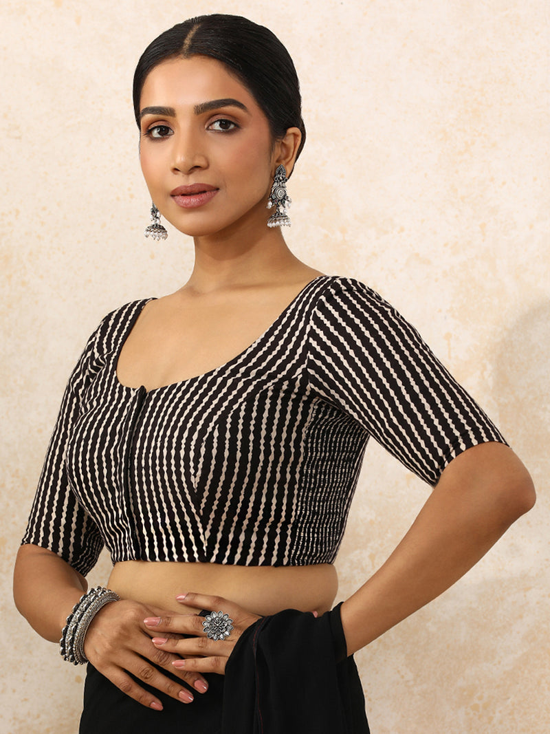 Sneha x Rozaana | Elbow Sleeves Saree Blouse in Earthy Black Stripes Block Print Cotton-Binks