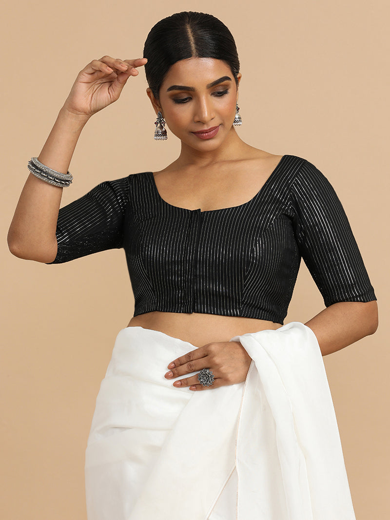 Sonal x Rozaana | Elbow Sleeves Saree Blouse in Black Silver Stripe Cotton-Binks