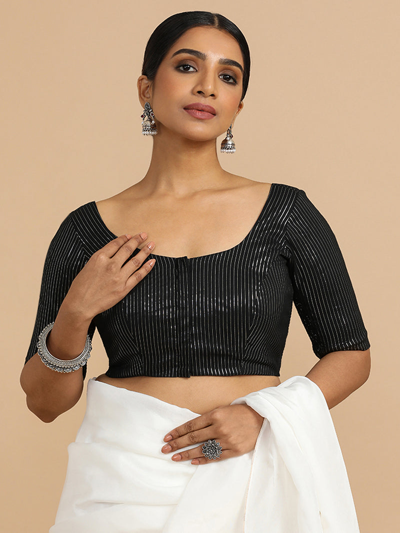 Sonal x Rozaana | Elbow Sleeves Saree Blouse in Black Silver Stripe Cotton-Binks