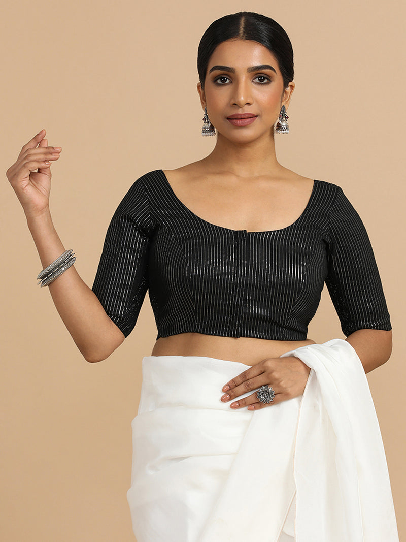 Sonal x Rozaana | Elbow Sleeves Saree Blouse in Black Silver Stripe Cotton-Binks