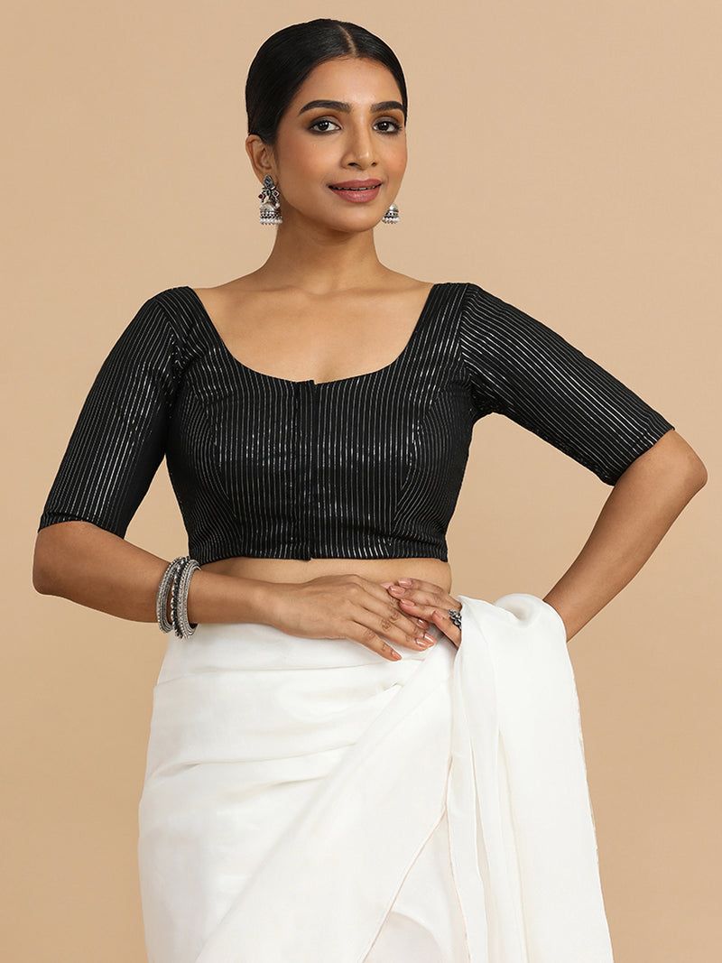 Sonal x Rozaana | Elbow Sleeves Saree Blouse in Black Silver Stripe Cotton-Binks