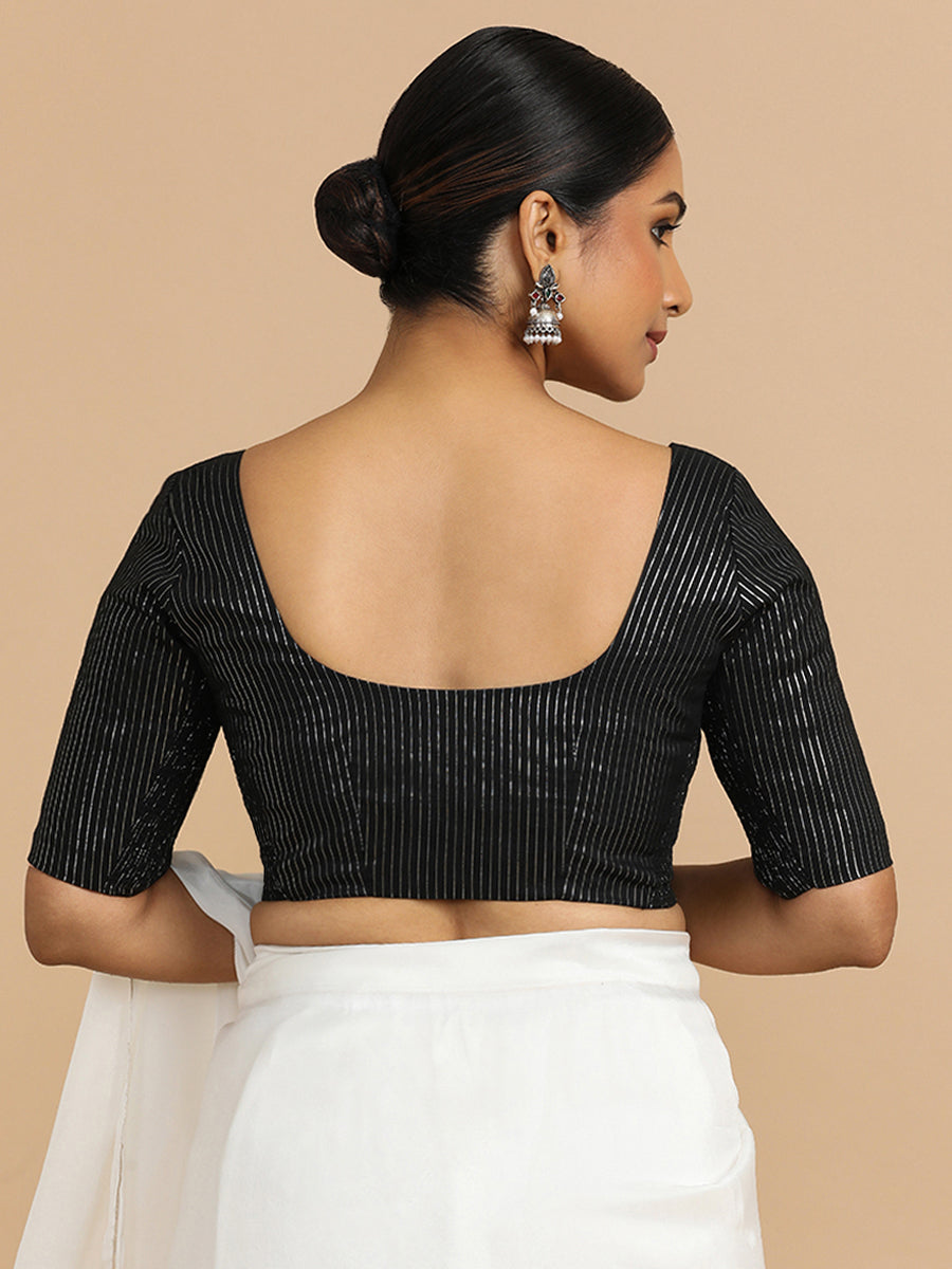 Sonal x Rozaana Saree Blouse, in Black 100% Cotton & Lurex, featuring elbow sleeves and round neckline (view 2).