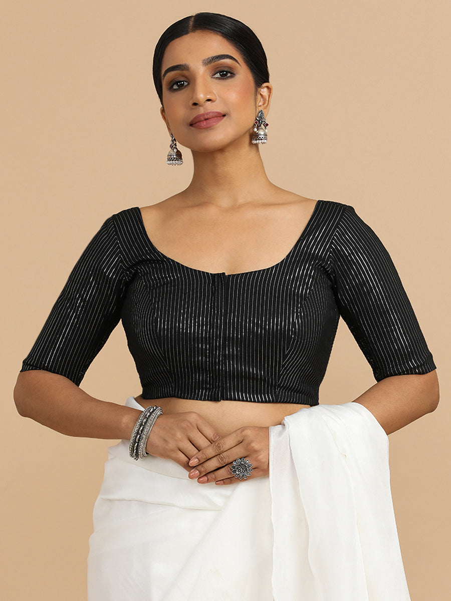 Sonal x Rozaana Saree Blouse, in Black 100% Cotton & Lurex, featuring elbow sleeves and round neckline (view 5).