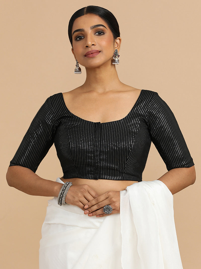 Sonal x Rozaana | Elbow Sleeves Saree Blouse in Black Silver Stripe Cotton-Binks