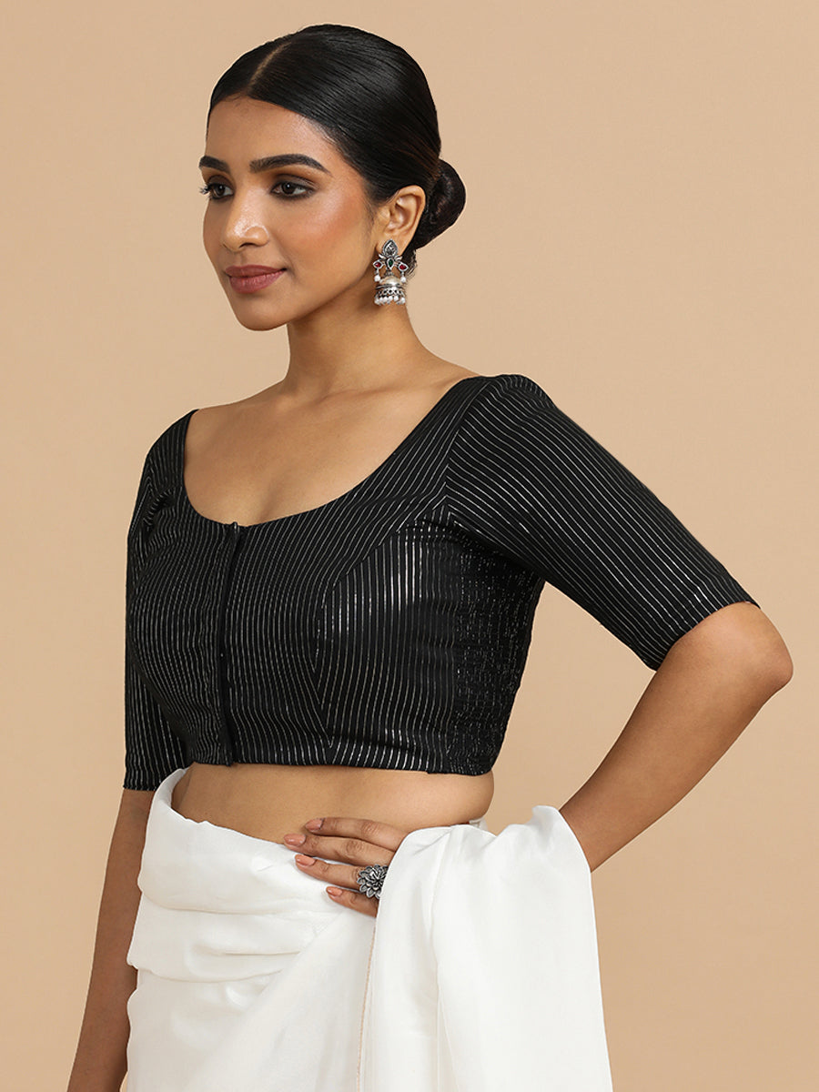 Sonal x Rozaana Saree Blouse, in Black 100% Cotton & Lurex, featuring elbow sleeves and round neckline (view 7).