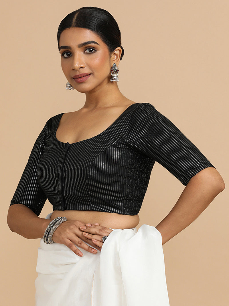 Sonal x Rozaana | Elbow Sleeves Saree Blouse in Black Silver Stripe Cotton-Binks