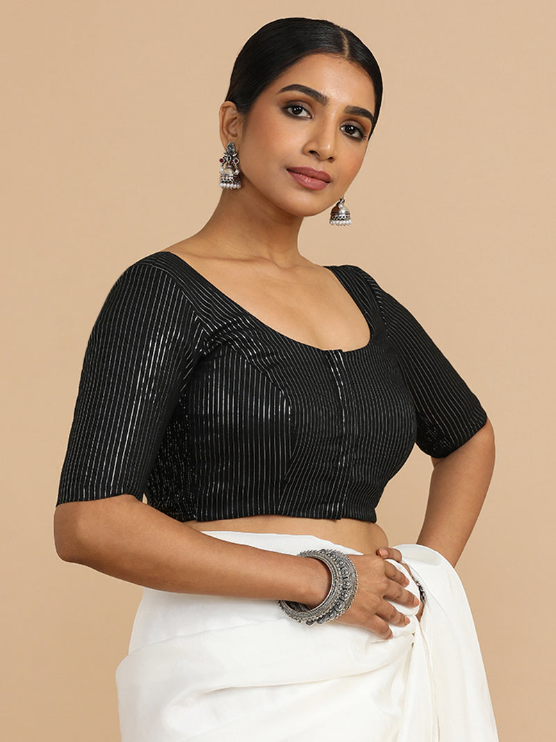 Sonal x Rozaana | Elbow Sleeves Saree Blouse in Black Silver Stripe Cotton-Binks
