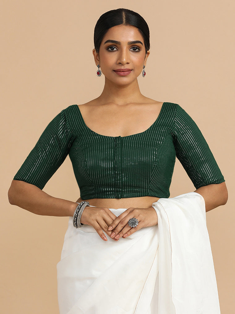 Sonal x Rozaana Saree Blouse, in Green 100% Cotton & Lurex, featuring elbow sleeves and round neckline.