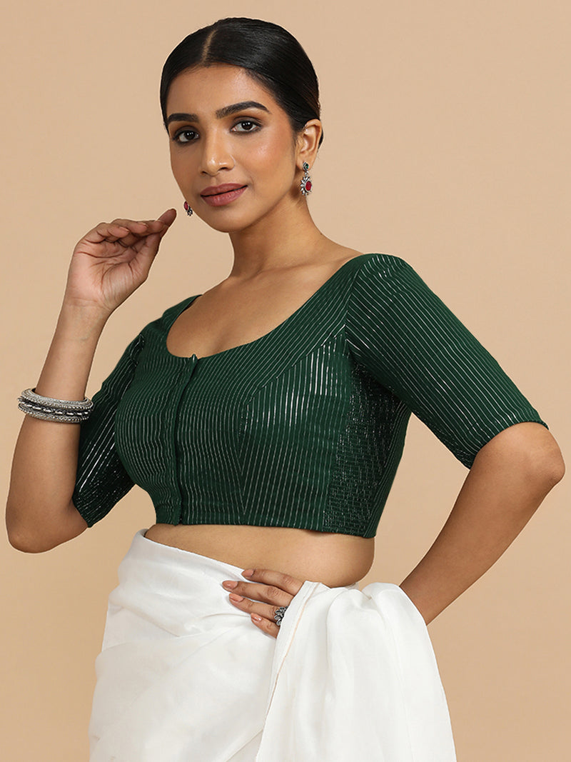 Sonal x Rozaana | Elbow Sleeves Saree Blouse in Dark Green Silver Stripe Cotton-Binks
