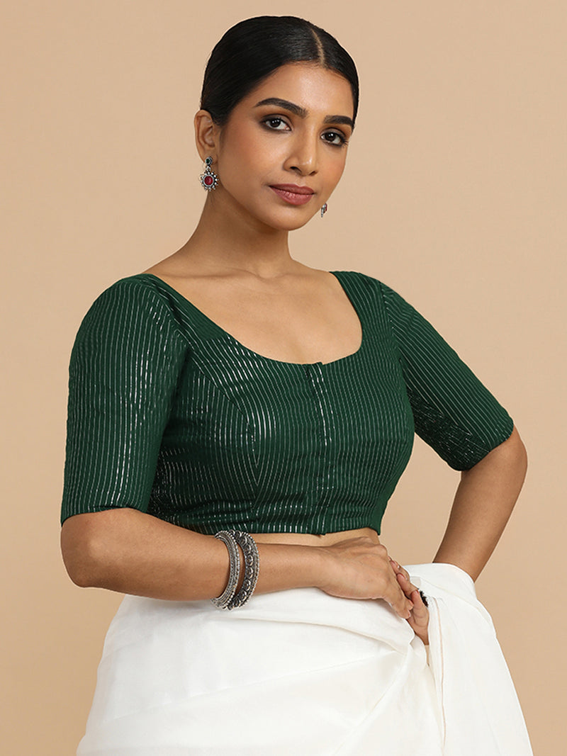 Sonal x Rozaana | Elbow Sleeves Saree Blouse in Dark Green Silver Stripe Cotton-Binks