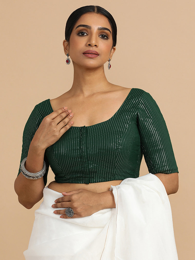 Sonal x Rozaana | Elbow Sleeves Saree Blouse in Dark Green Silver Stripe Cotton-Binks