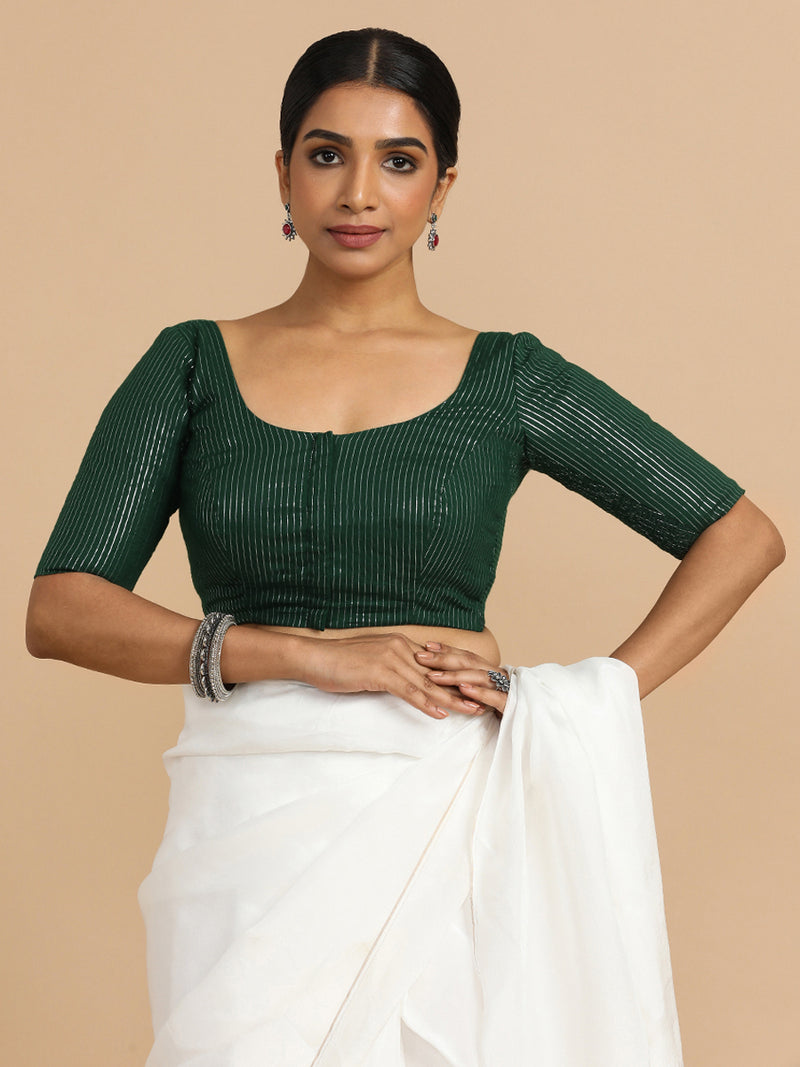 Sonal x Rozaana | Elbow Sleeves Saree Blouse in Dark Green Silver Stripe Cotton-Binks