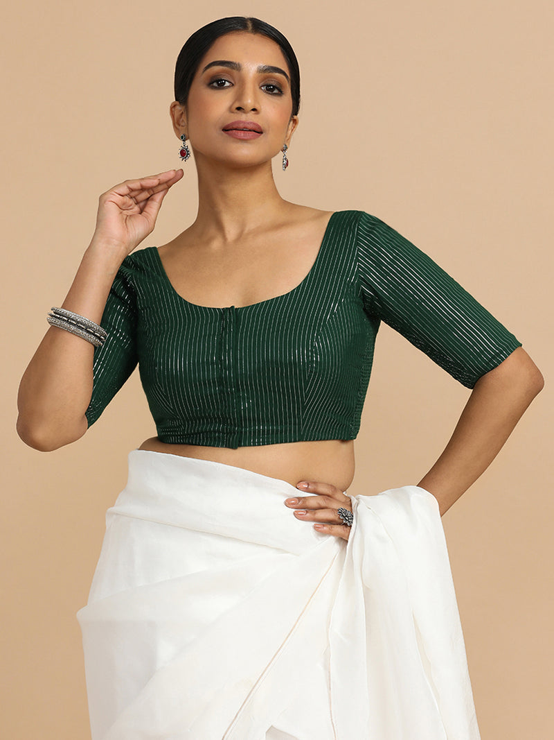 Sonal x Rozaana | Elbow Sleeves Saree Blouse in Dark Green Silver Stripe Cotton-Binks