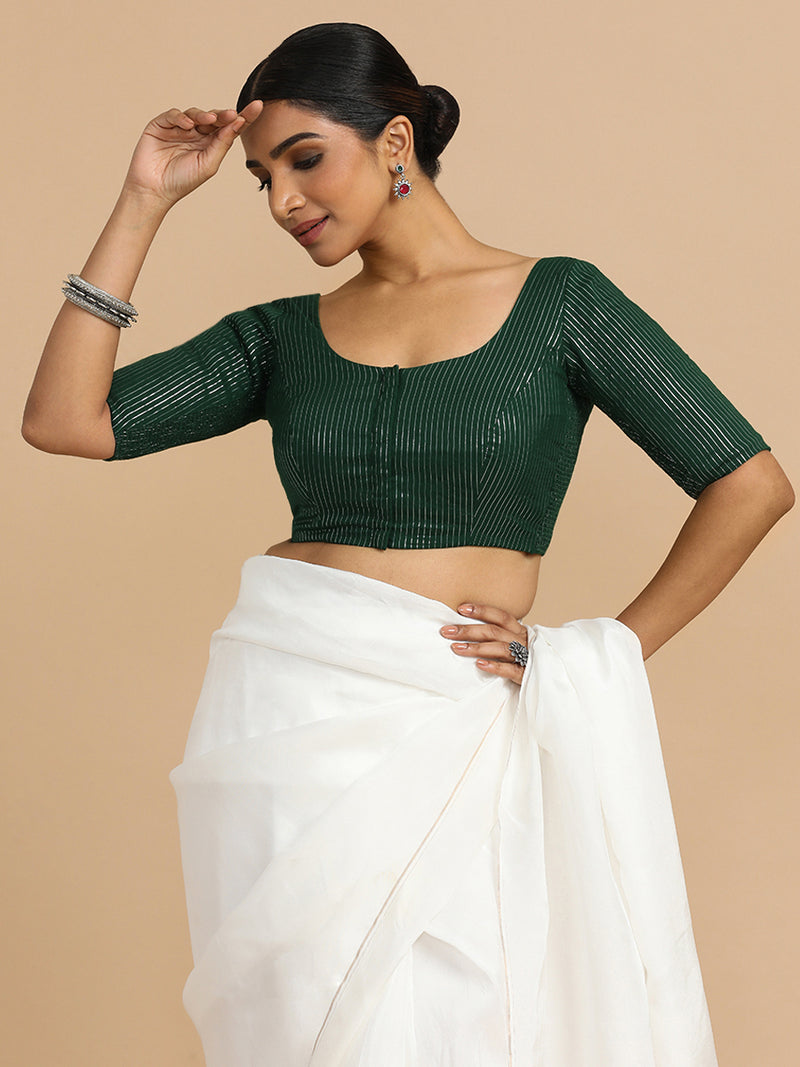 Sonal x Rozaana | Elbow Sleeves Saree Blouse in Dark Green Silver Stripe Cotton-Binks