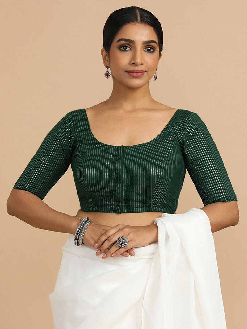 Sonal x Rozaana | Elbow Sleeves Saree Blouse in Dark Green Silver Stripe Cotton-Binks