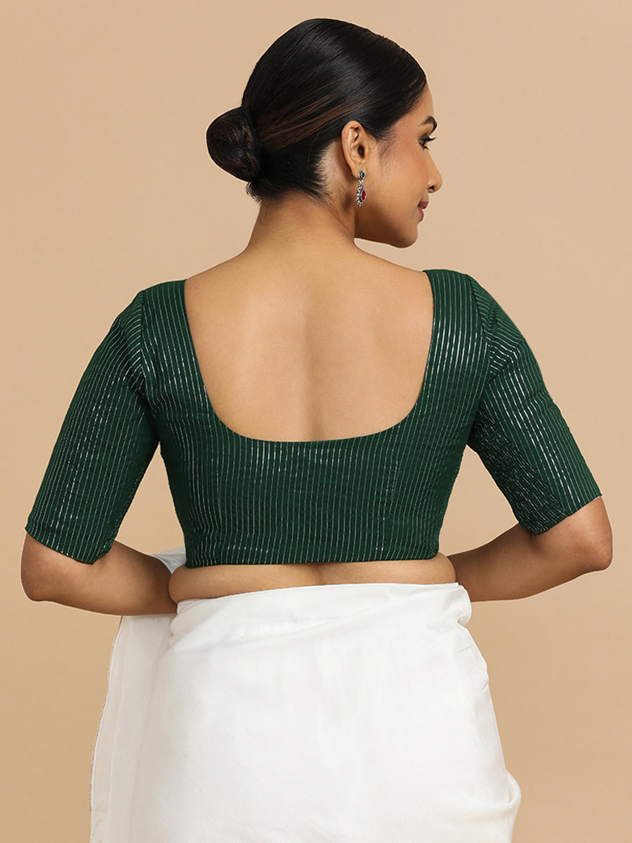 Sonal x Rozaana Saree Blouse, in Green 100% Cotton & Lurex, featuring elbow sleeves and round neckline (view 2).