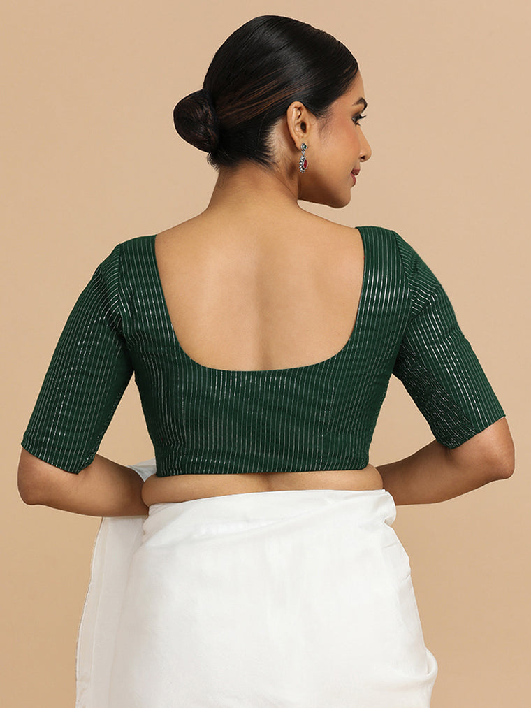 Sonal x Rozaana Saree Blouse, in Green 100% Cotton & Lurex, featuring elbow sleeves and round neckline (view 2).