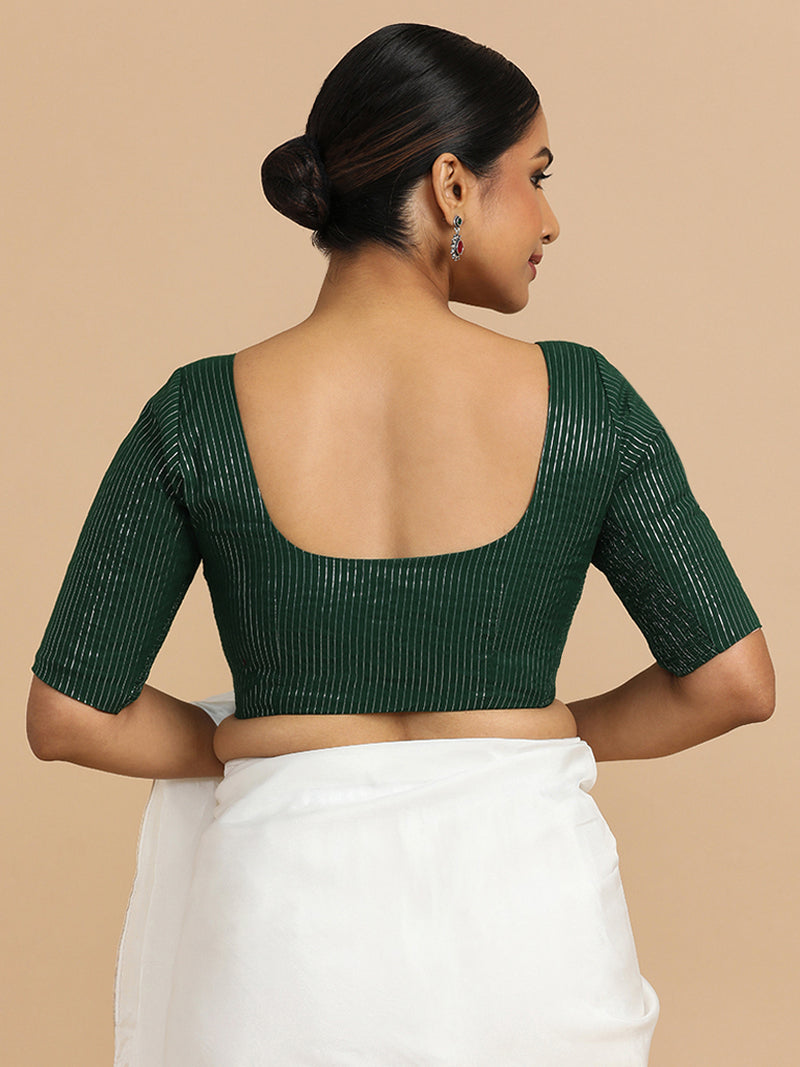 Sonal x Rozaana | Elbow Sleeves Saree Blouse in Dark Green Silver Stripe Cotton-Binks