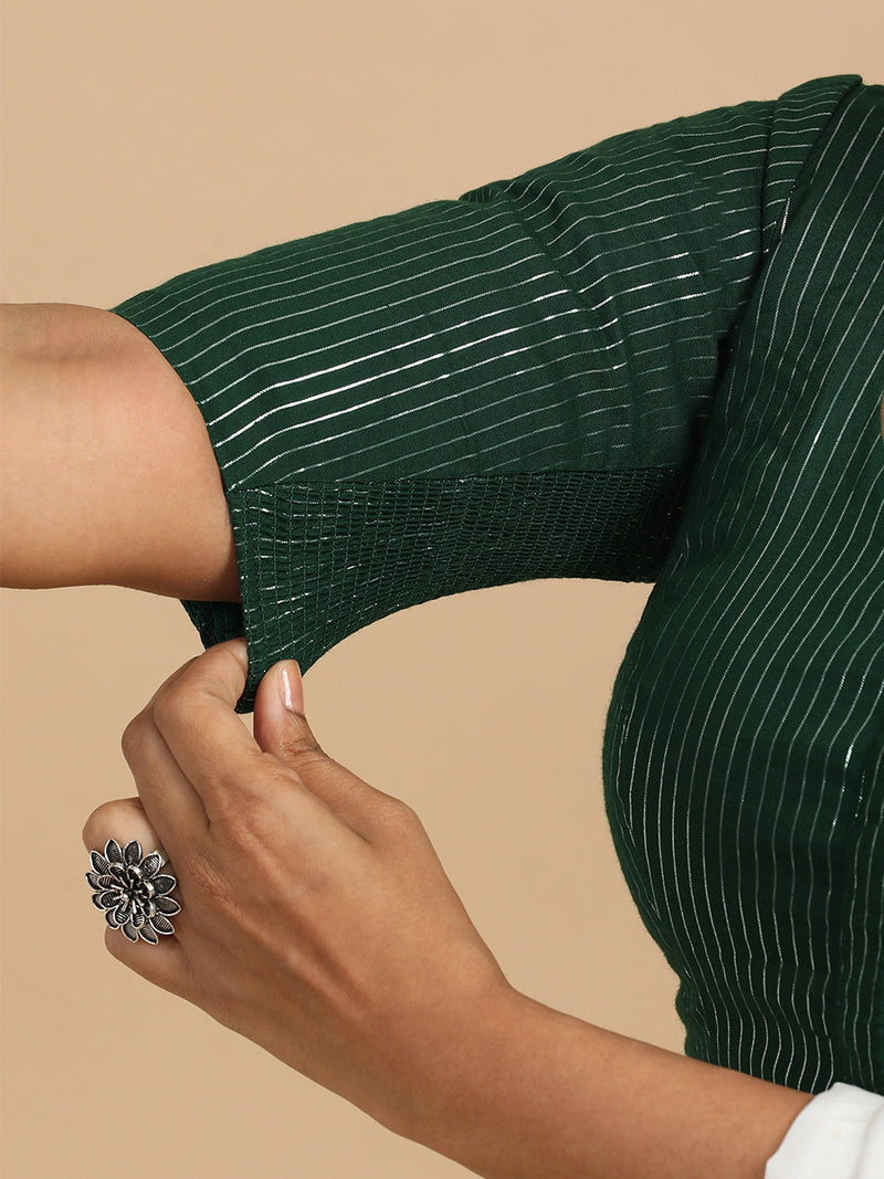 Sonal x Rozaana | Elbow Sleeves Saree Blouse in Dark Green Silver Stripe Cotton-Binks