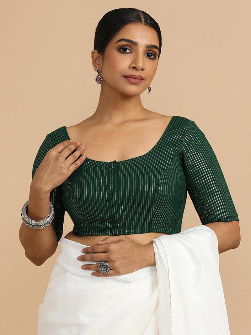 Sonal x Rozaana | Elbow Sleeves Saree Blouse in Dark Green Silver Stripe Cotton-Binks