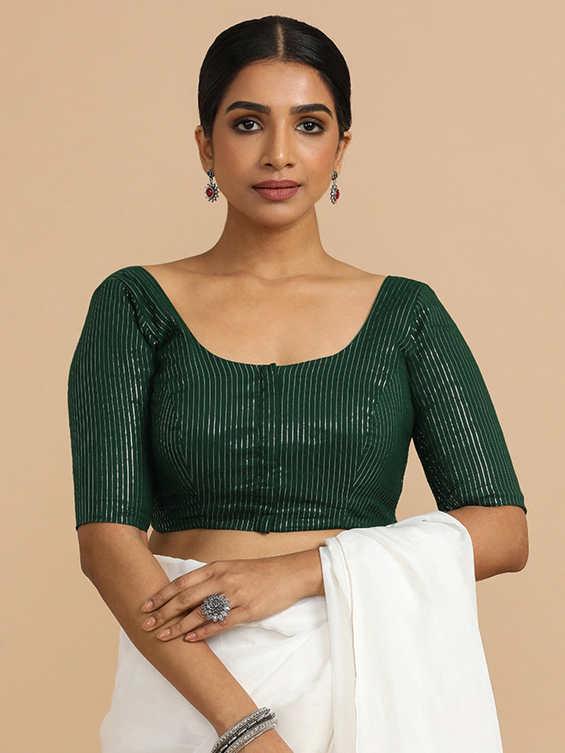 Sonal x Rozaana | Elbow Sleeves Saree Blouse in Dark Green Silver Stripe Cotton-Binks