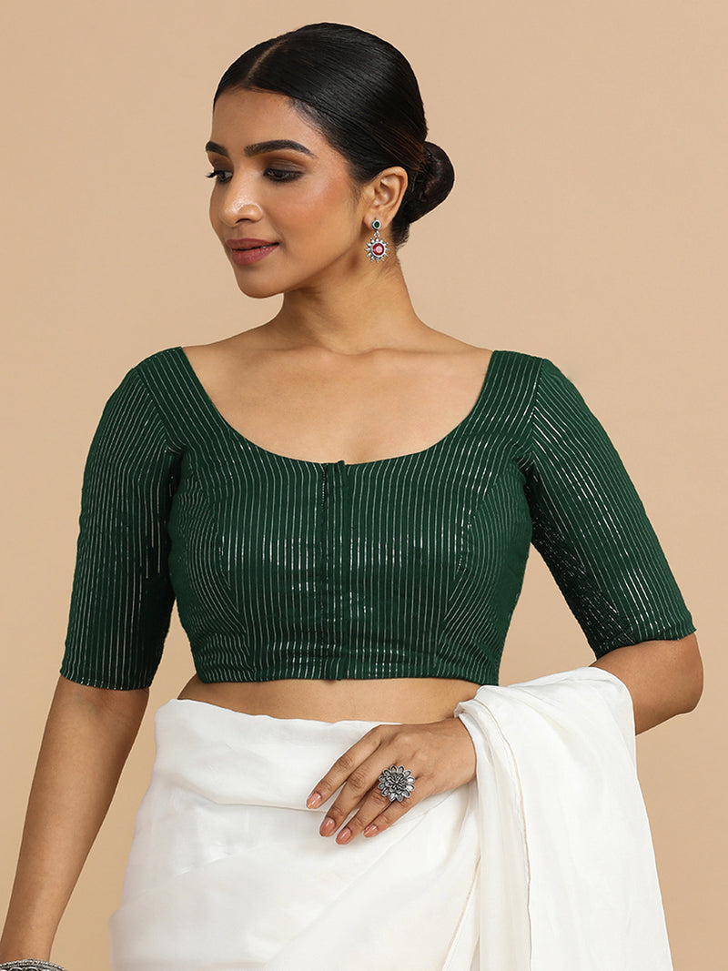 Sonal x Rozaana | Elbow Sleeves Saree Blouse in Dark Green Silver Stripe Cotton-Binks