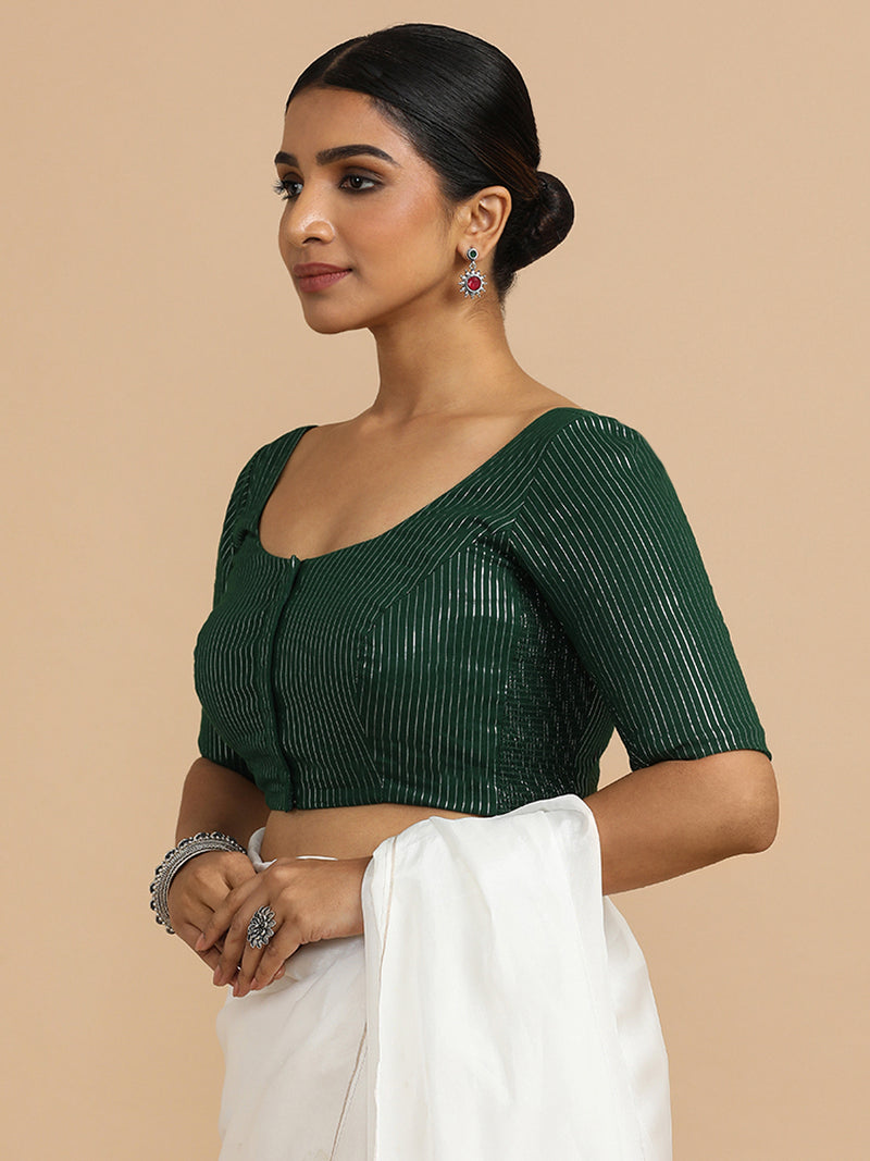 Sonal x Rozaana | Elbow Sleeves Saree Blouse in Dark Green Silver Stripe Cotton-Binks