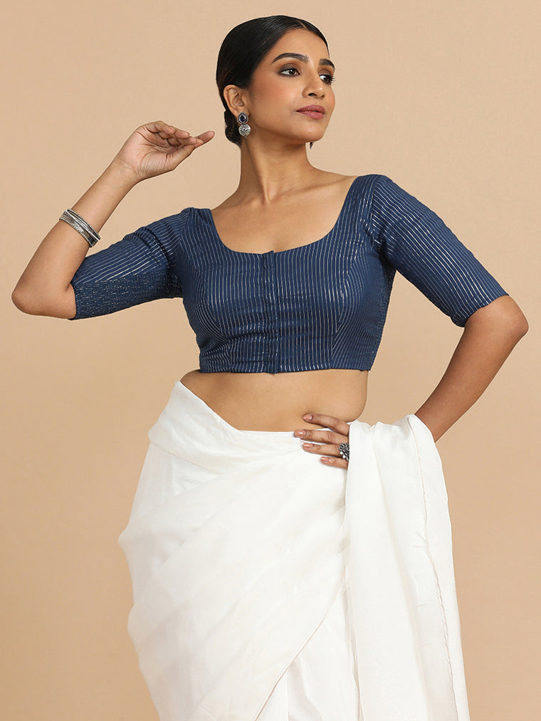 Sonal x Rozaana Saree Blouse, in Blue 100% Cotton & Lurex, featuring elbow sleeves and round neckline.