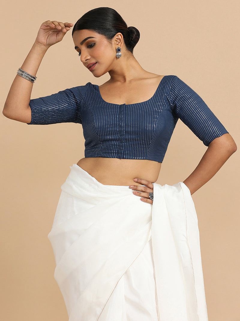 Sonal x Rozaana | Elbow Sleeves Saree Blouse in Indigo Silver Stripe Cotton-Binks