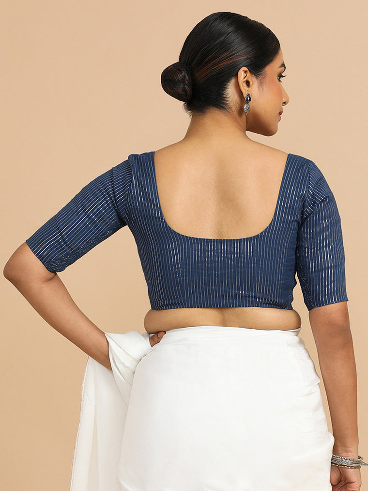 Sonal x Rozaana Saree Blouse, in Blue 100% Cotton & Lurex, featuring elbow sleeves and round neckline (view 2).