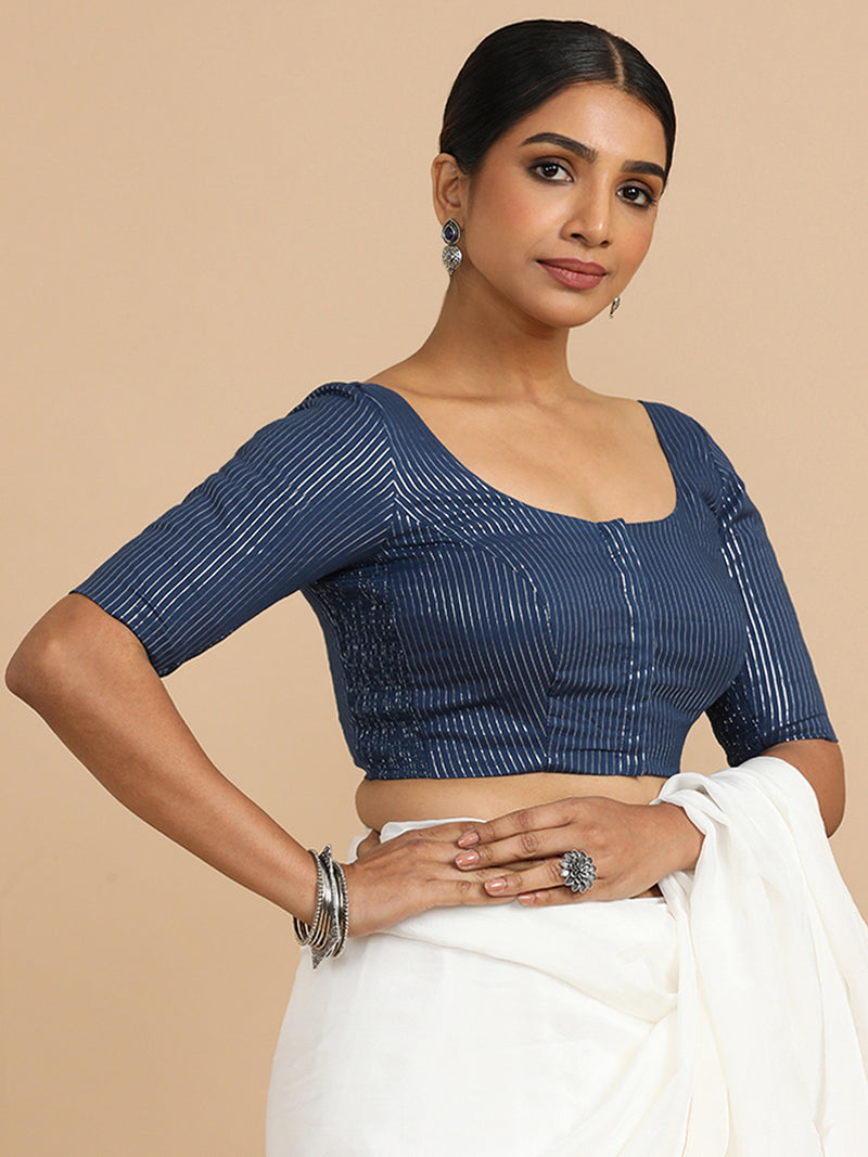 Sonal x Rozaana | Elbow Sleeves Saree Blouse in Indigo Silver Stripe Cotton-Binks