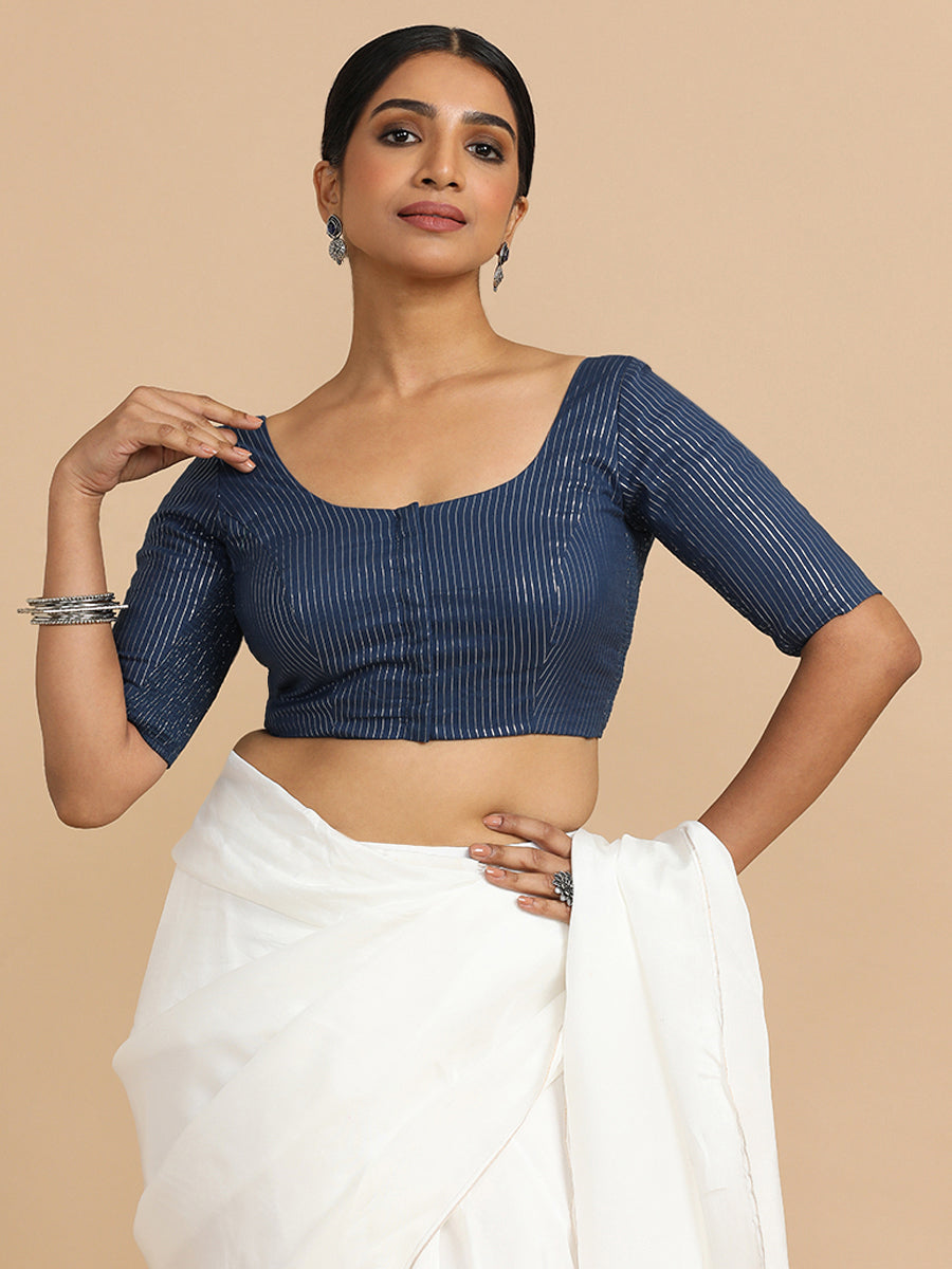 Sonal x Rozaana Saree Blouse, in Blue 100% Cotton & Lurex, featuring elbow sleeves and round neckline (view 8).