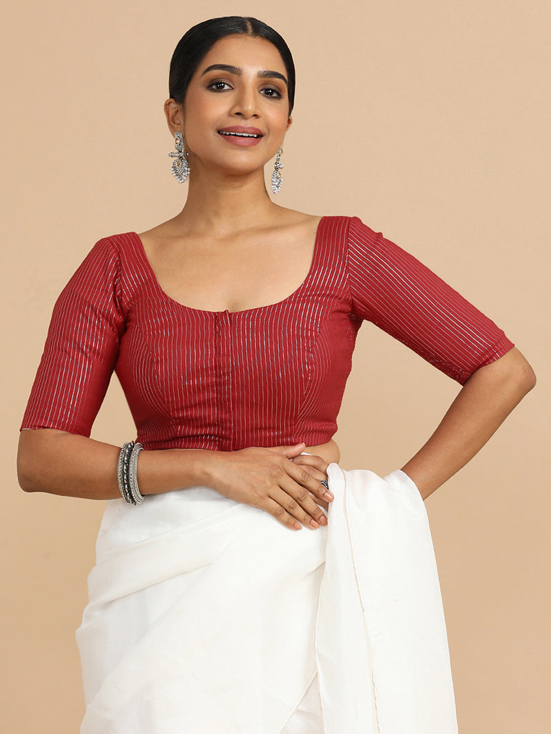 Sonal x Rozaana | Elbow Sleeves Saree Blouse in Red Silver Stripe Cotton-Binks