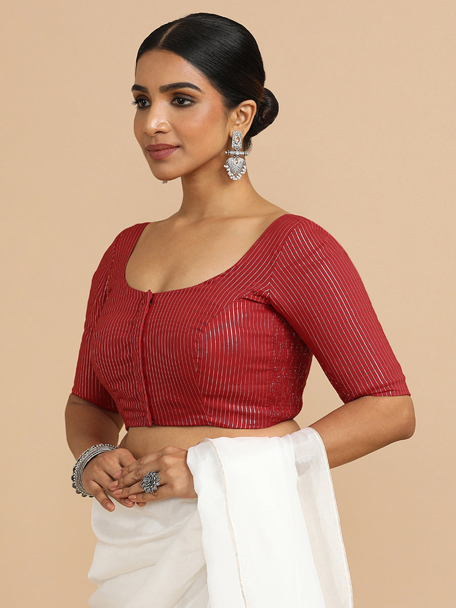 Sonal x Rozaana Saree Blouse, in Red 100% Cotton & Lurex, featuring elbow sleeves and round neckline (view 8).