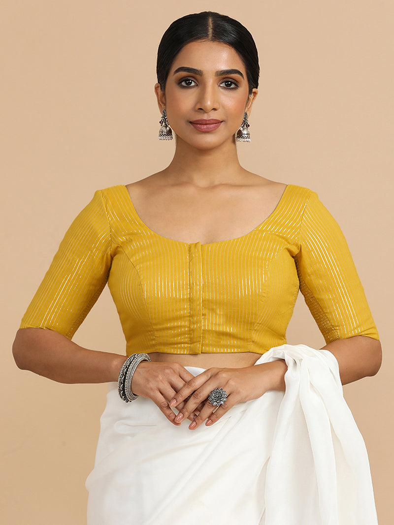 Sonal x Rozaana | Elbow Sleeves Saree Blouse in Turmeric Yellow Silver Stripe Cotton-Binks